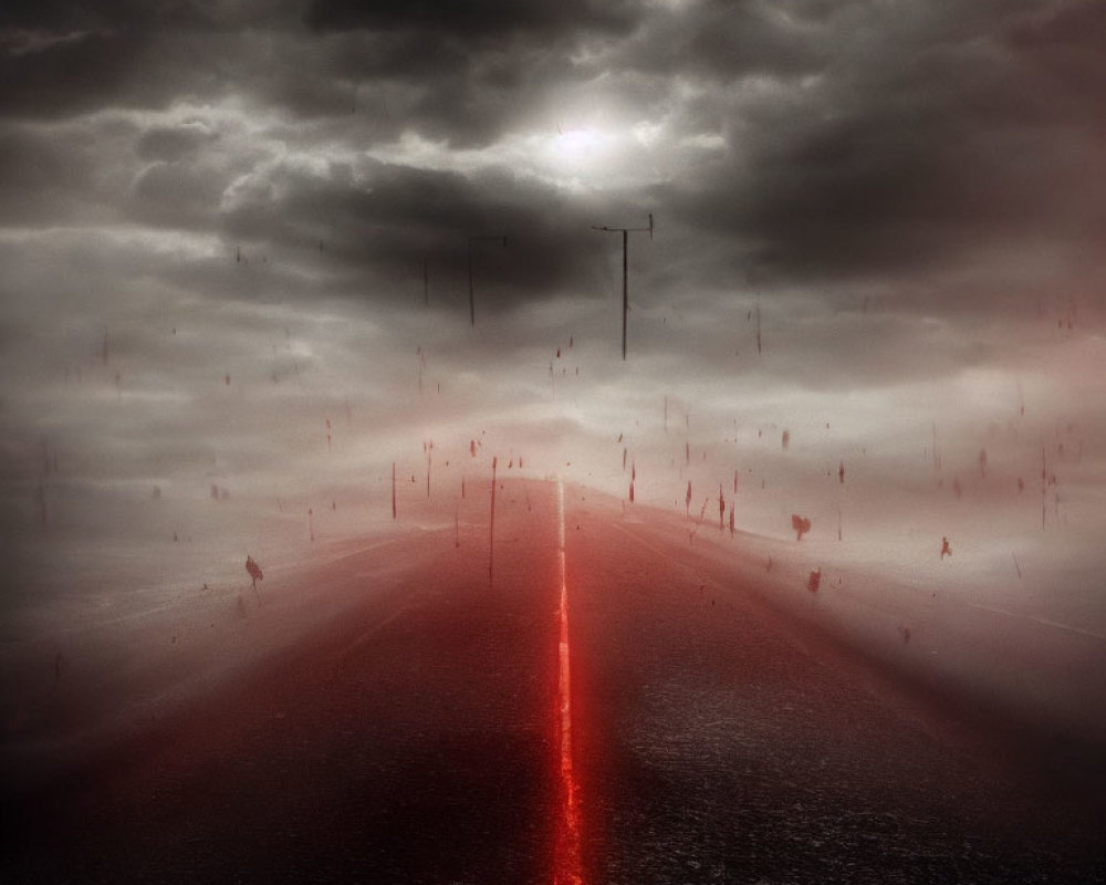 Desolate road under stormy sky with red streak and distant figures