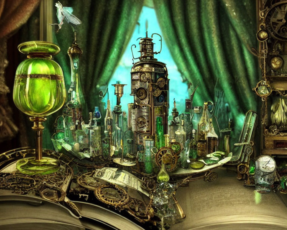 Intricate steampunk tableau with glowing vials, open book, and winged creature