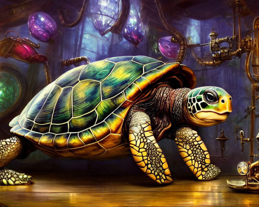Colorful Steampunk Turtle Artwork with Glowing Orbs and Gears