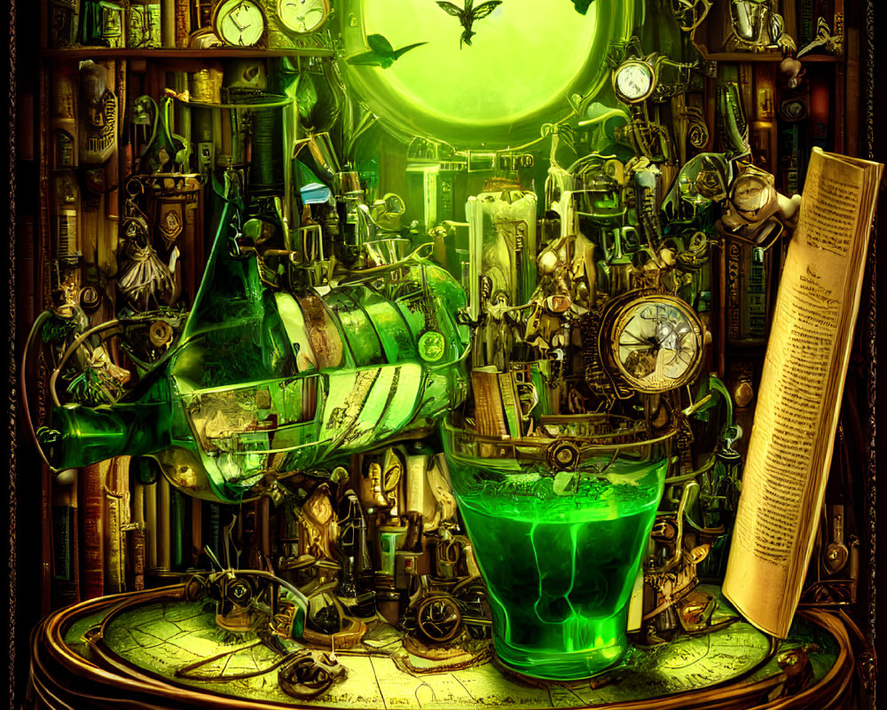 Steampunk laboratory with machinery, green liquid, gears, clocks, birds, and old scroll.