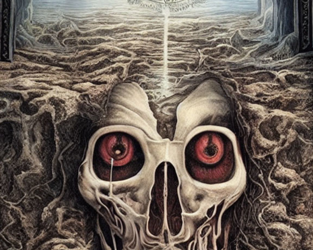 Surreal artwork of skull with glowing red eyes on barren ground