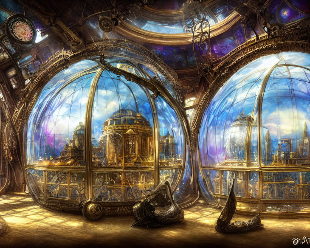 Grand ornate room with large glass spheres showing cityscapes under golden ceiling