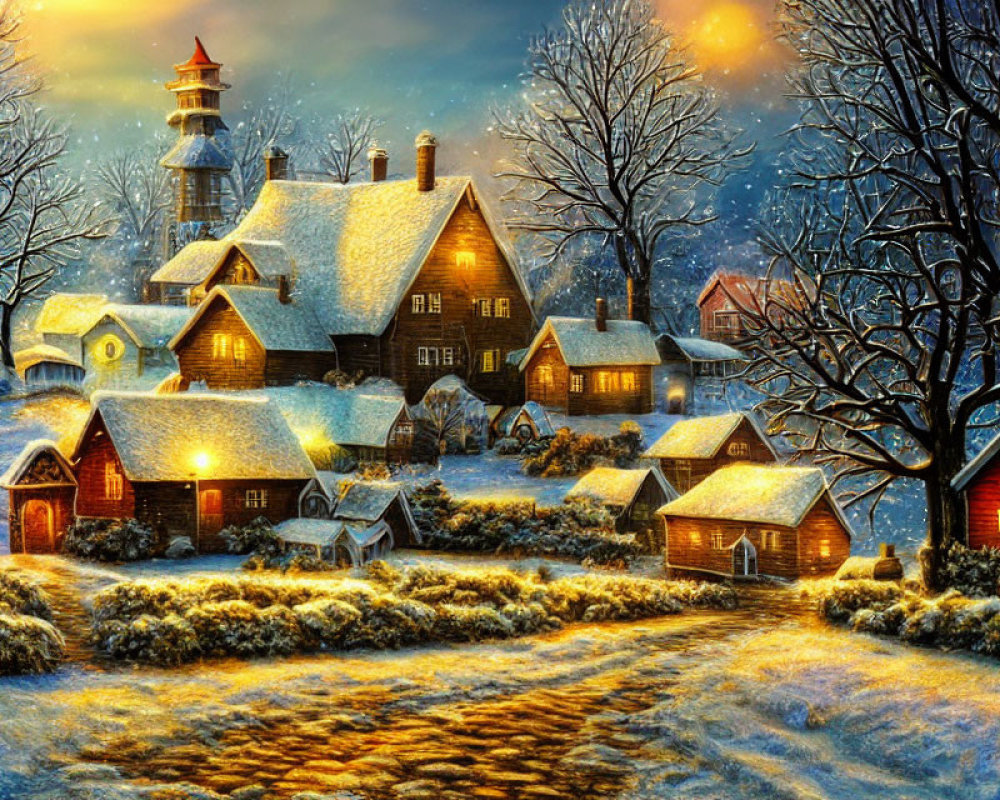 Snow-covered winter village with glowing lighthouse and starlit sky