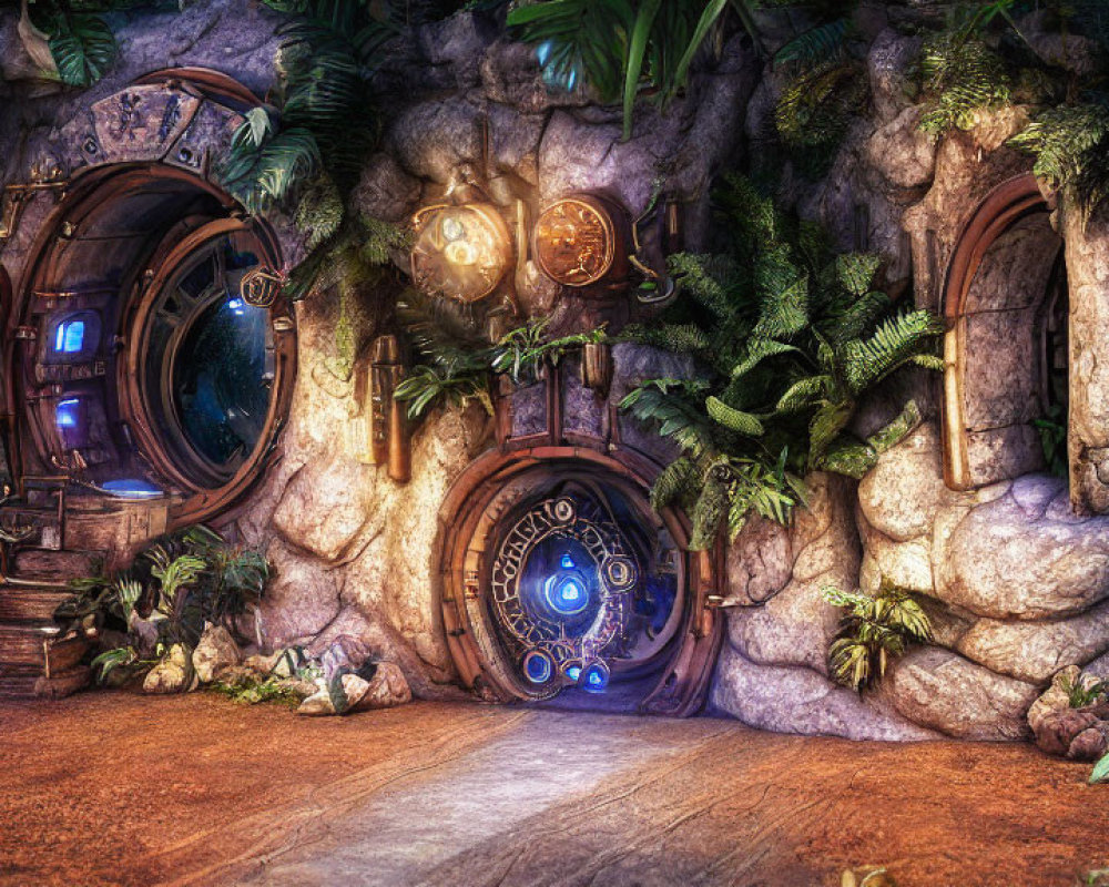 Steampunk-style underground room with round doors, gears, blue lights, greenery & ston