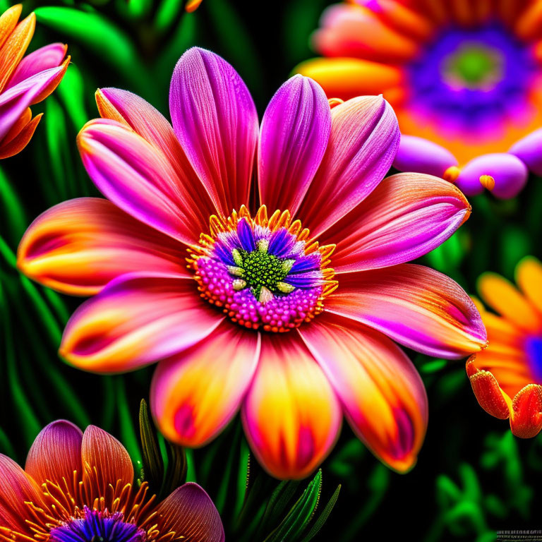 Colorful Pink and Orange Daisy Among Lush Flowers