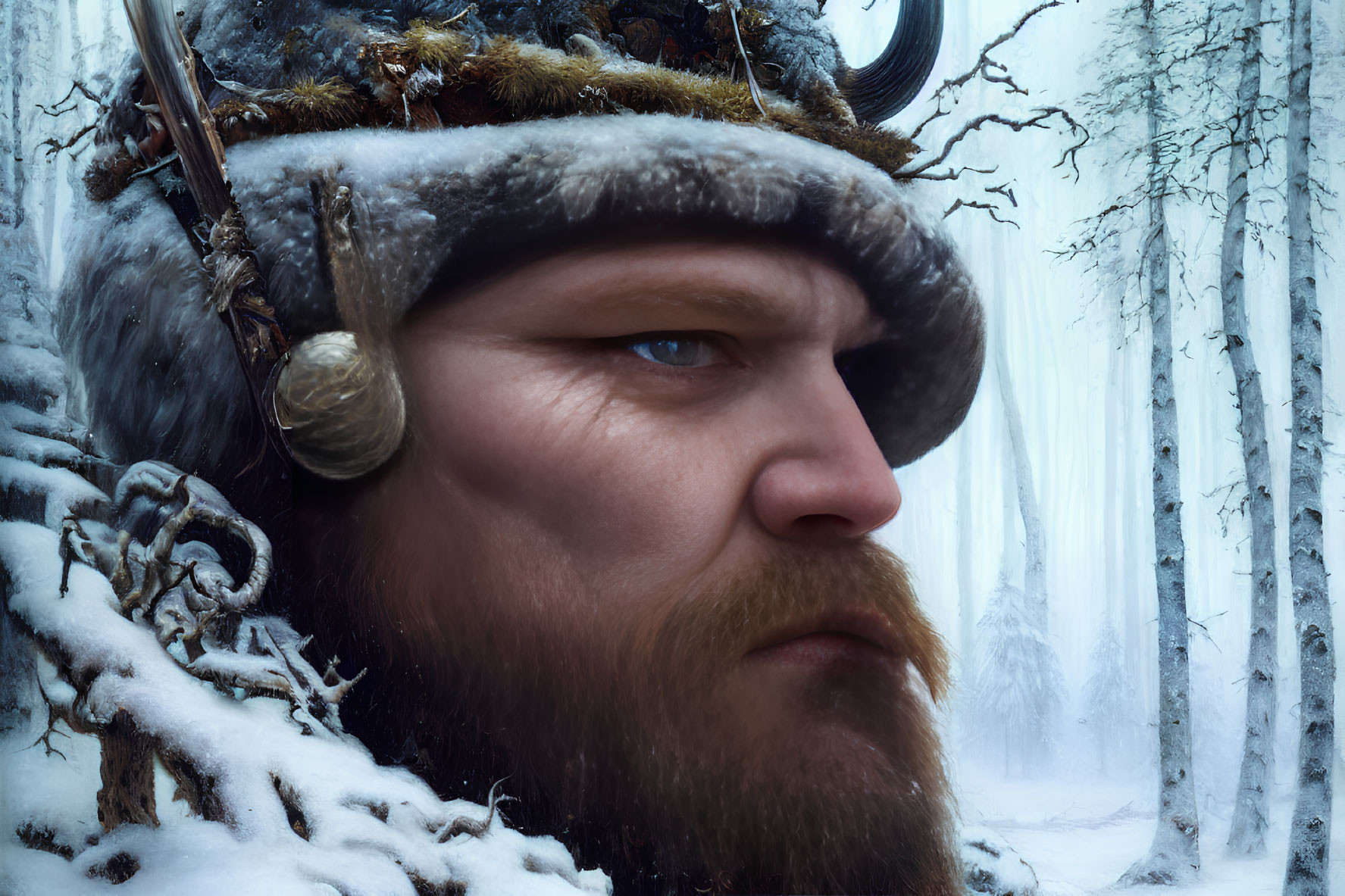 Bearded individual in fur clothing and horned helmet in snowy forest