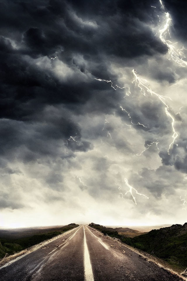 Desolate straight road under stormy sky with lightning bolts