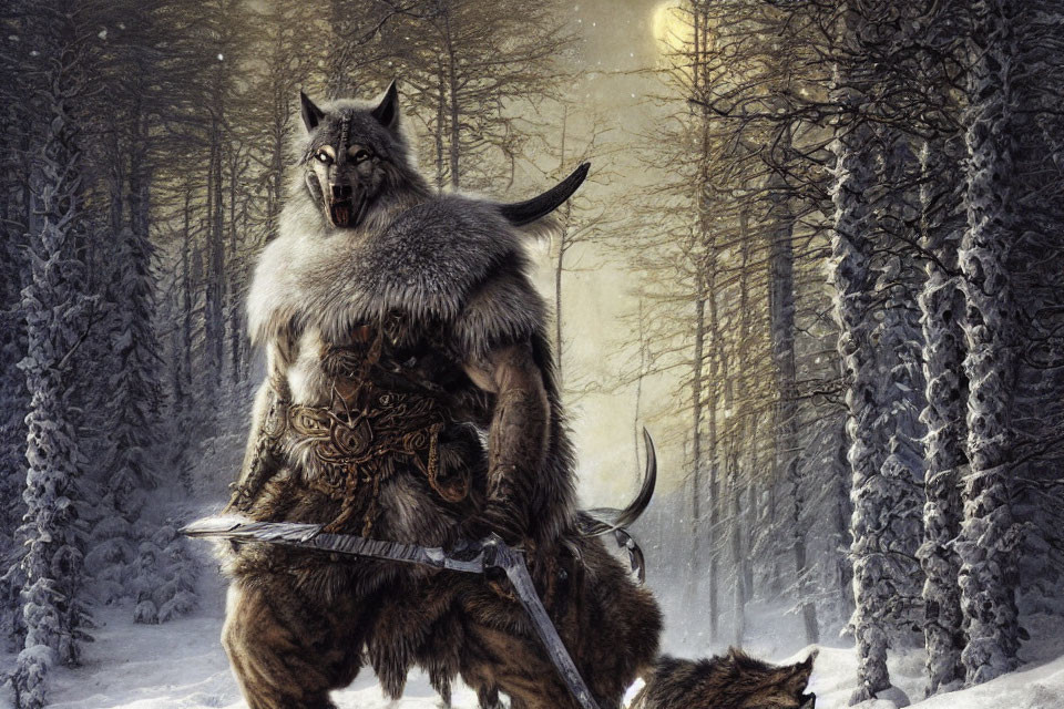 Anthropomorphic wolf warrior with sword in snowy forest, accompanied by two wolves