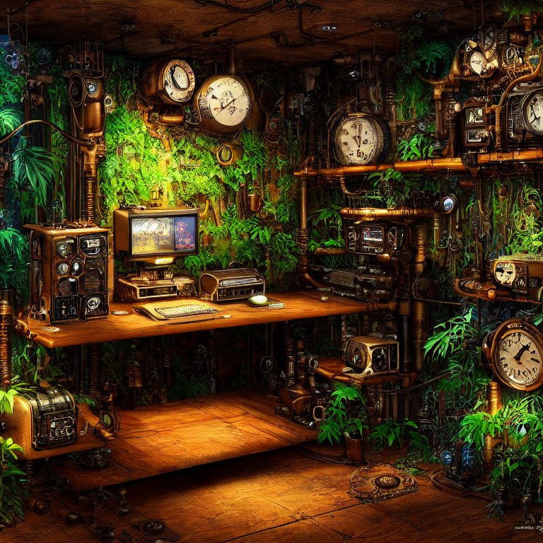 Vintage Room with Clocks, Radios, and Plants