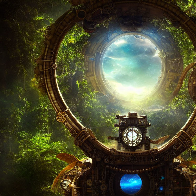 Mystical forest portal with bronze gears, central clock, lush greenery, and celestial light