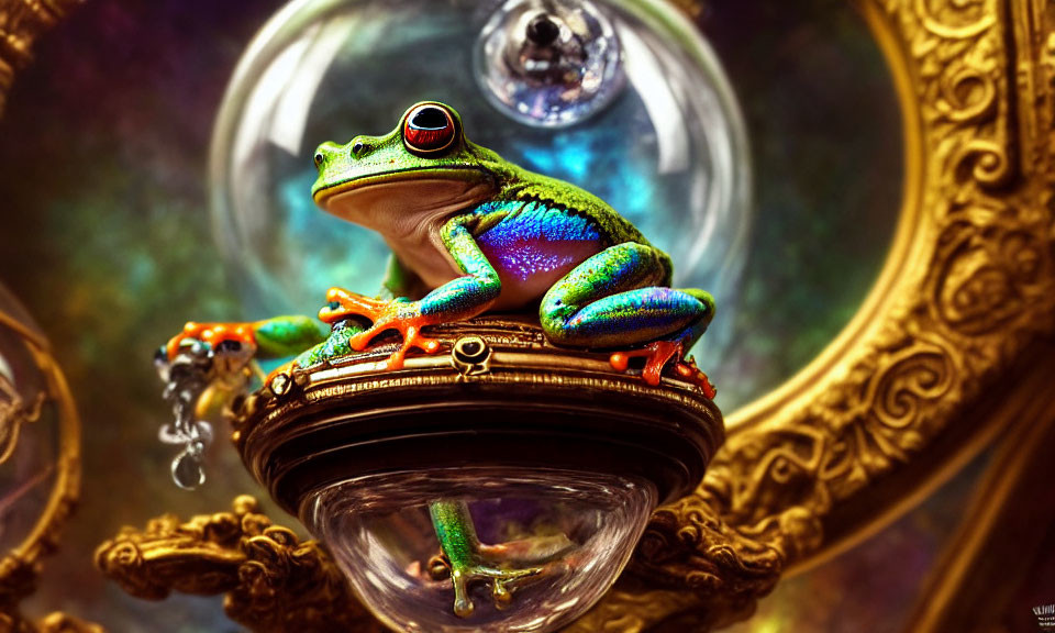 Colorful Frog on Metallic Structure Amid Mirrors and Bubbles