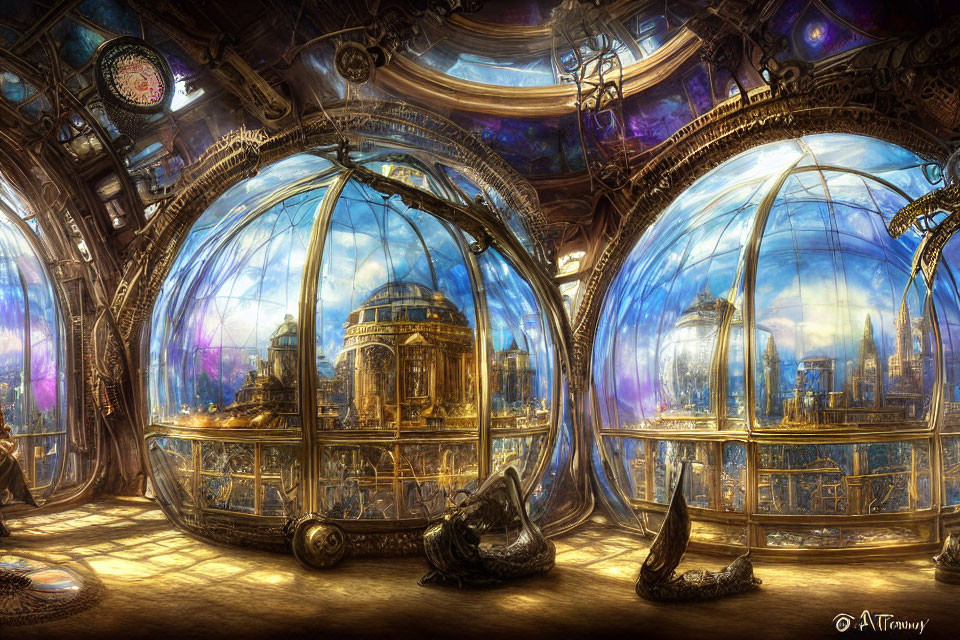 Grand ornate room with large glass spheres showing cityscapes under golden ceiling