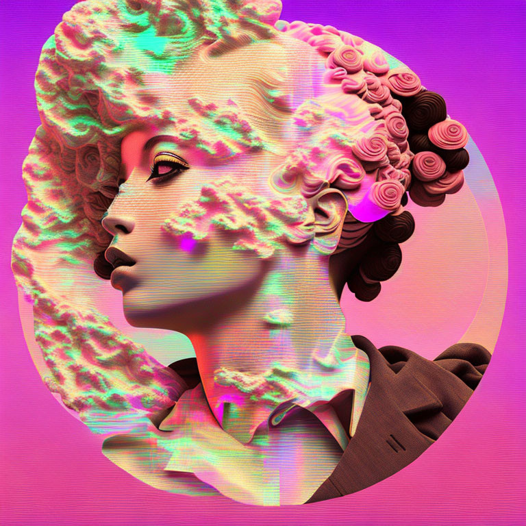 Surreal portrait blending classic sculpture with modern pastel clouds on female figure.