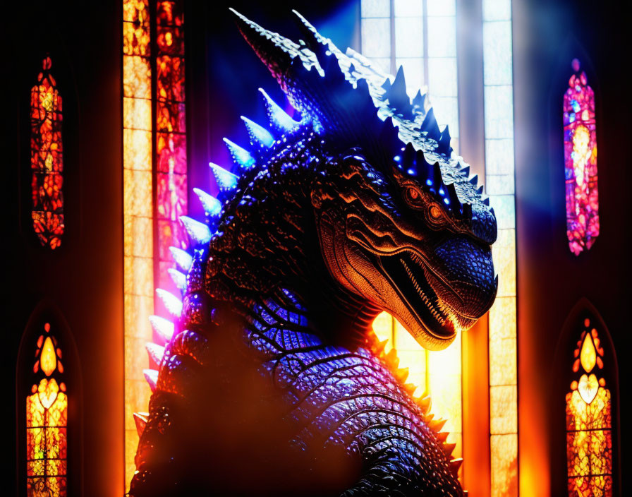 Silhouette of Godzilla with glowing spines against colorful stained glass windows