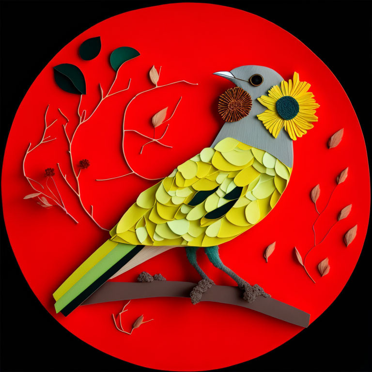 Colorful Paper Art: Bird with Layered Feathers, Floral Elements, and Leaf Cutouts on