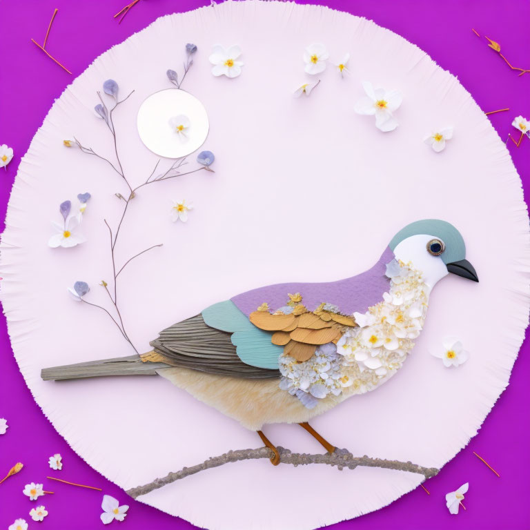 Colorful Bird Paper Cutout on Branch with Floral Elements on Purple Background