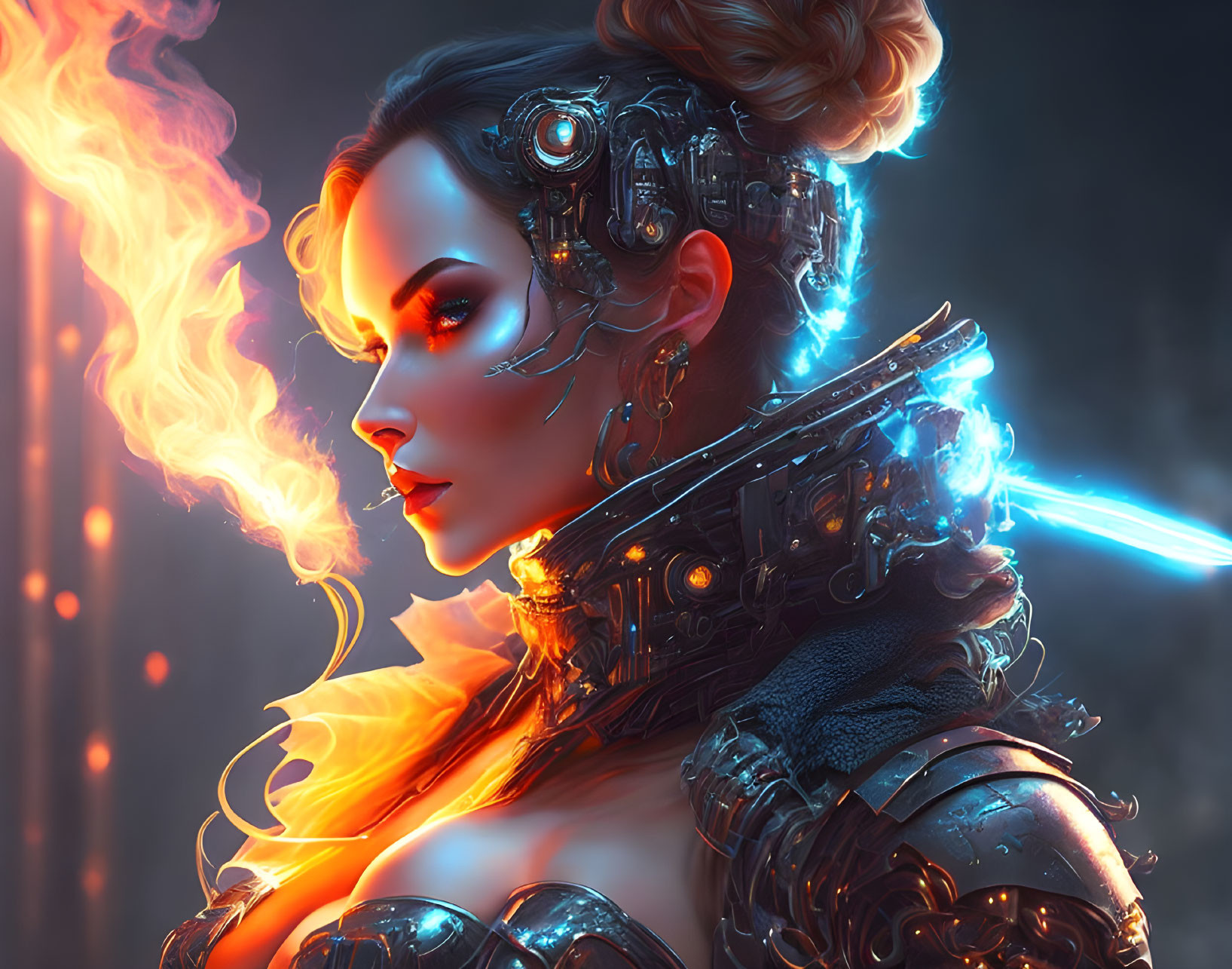 Female Cyborg with Glowing Blue and Fiery Orange Elements