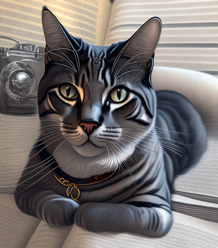 Realistic Tabby Cat Digital Artwork with Green Eyes on Open Book & Camera