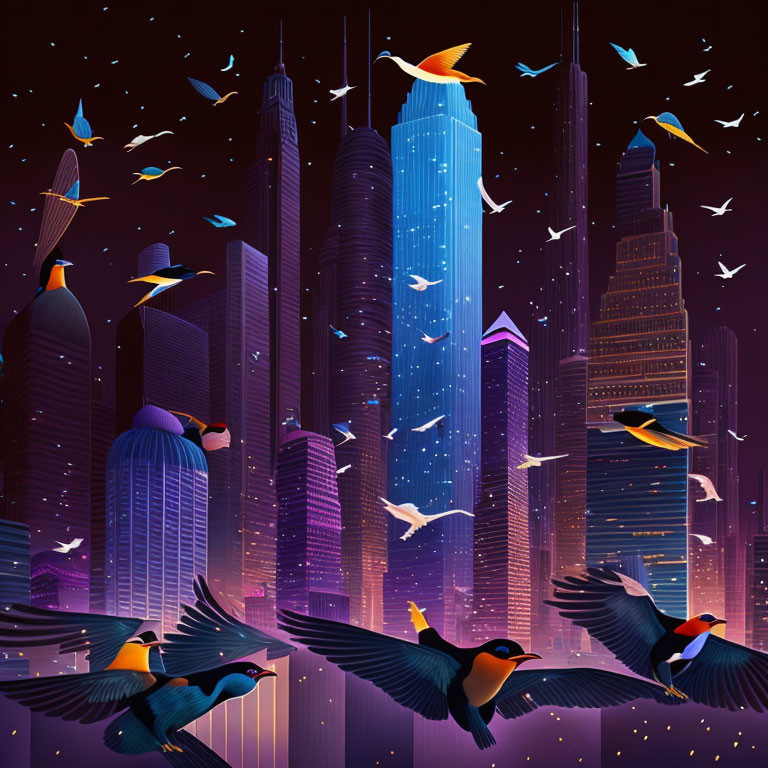 Colorful cityscape night illustration with stylized birds and starlit sky