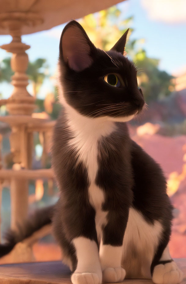 Black and White Animated Cat with Green Eyes on Balcony Overlooking Desert