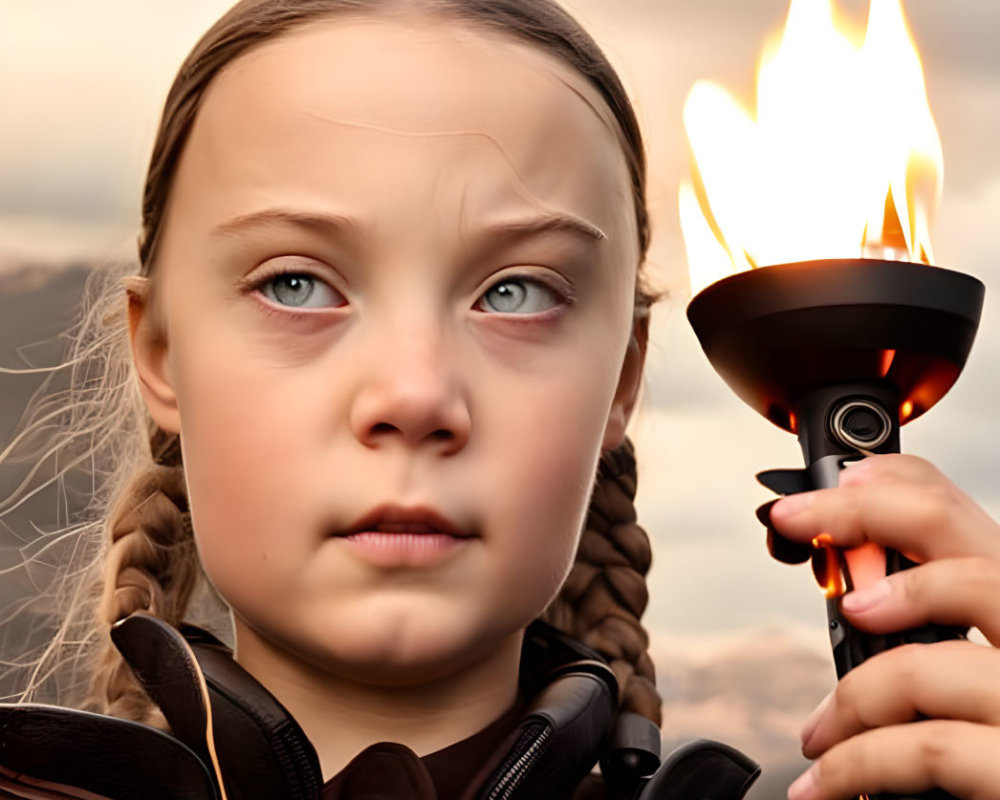 Young girl with braided hair holding lit torch against cloudy backdrop