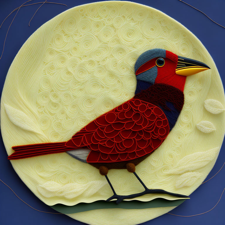 Vibrant paper quilling bird art on yellow background