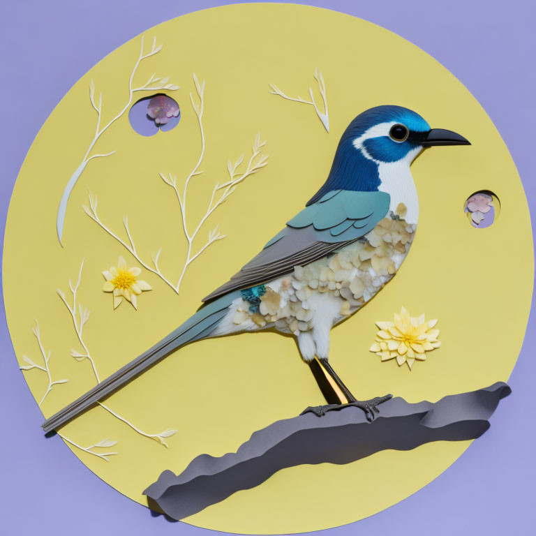 Colorful paper art of a bird with blue head, white underparts, and gray wings on branch