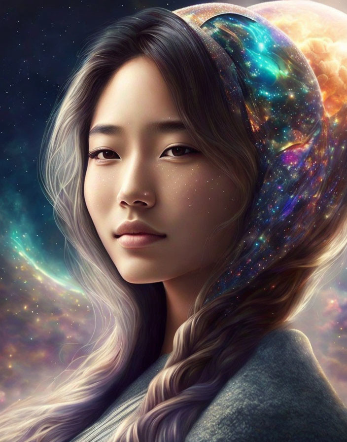 Cosmic-themed digital art portrait of a woman with celestial hair blend