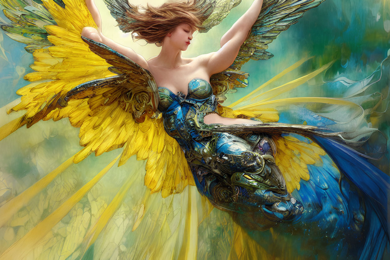 Illustration of woman with vibrant bird-like wings and ornate armor floating in dreamy background