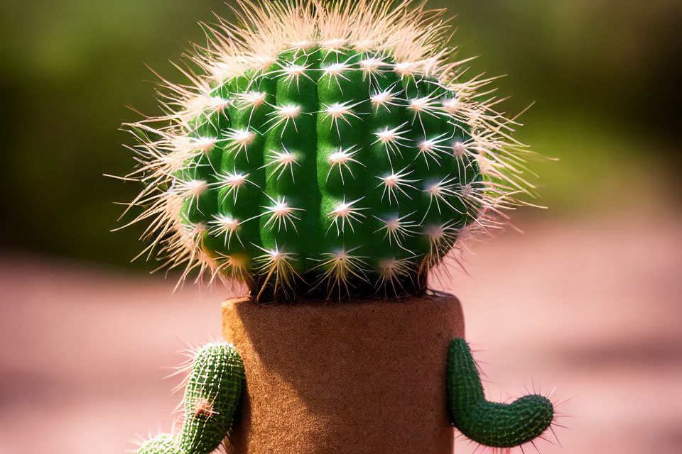 Green cactus with white spines in pattern, brown pot with cartoon-like arms