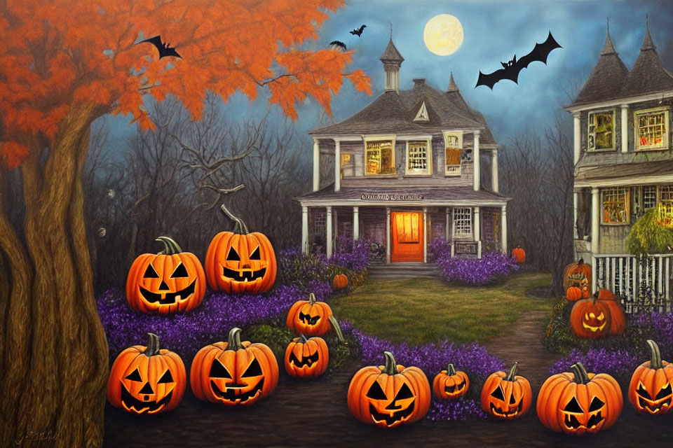Autumnal scene with jack-o'-lanterns, house, full moon, bats, and