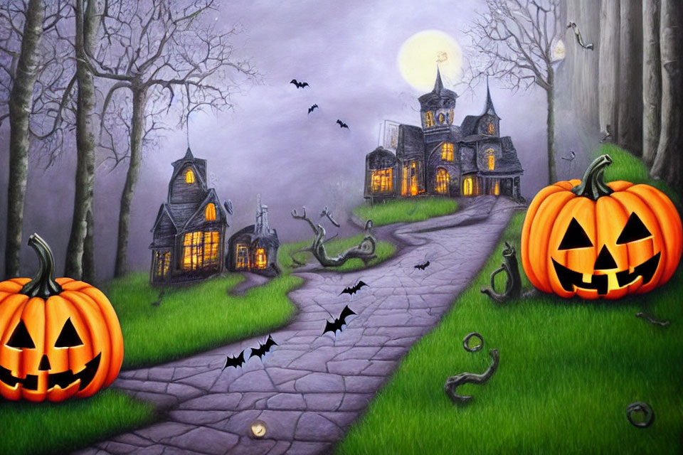 Eerie Halloween scene with jack-o'-lanterns, bats, full moon