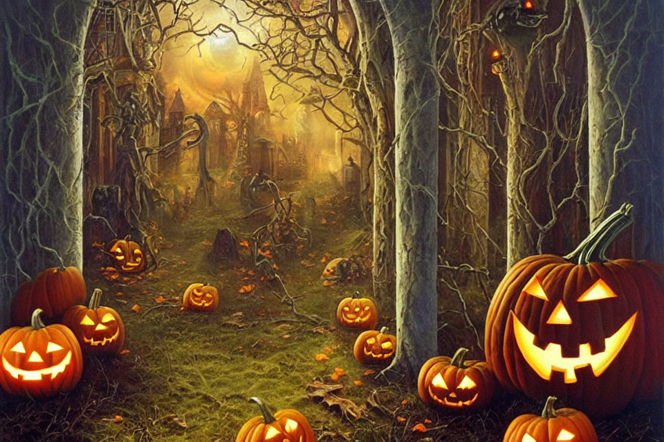 Spooky Halloween illustration with jack-o'-lanterns, graveyard, and twisted trees.
