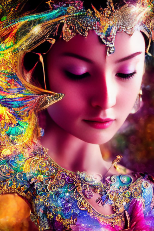 Ethereal woman in colorful attire with closed eyes.