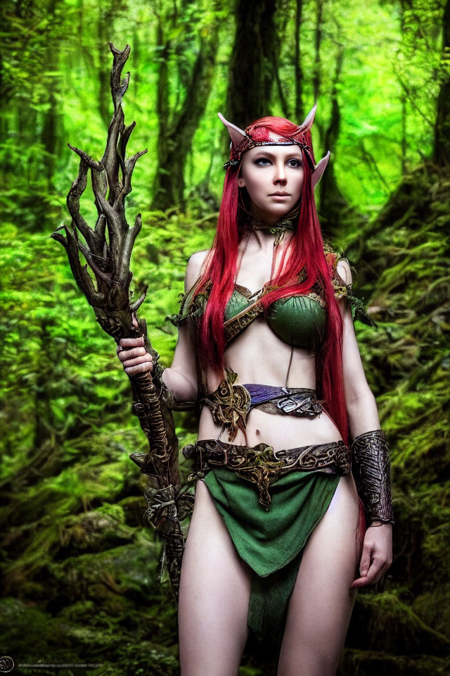Red-haired elf woman in green attire with wooden staff in lush forest