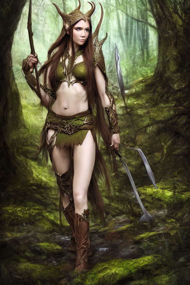 Female warrior with antler headgear in forest with spear and nature-inspired costume