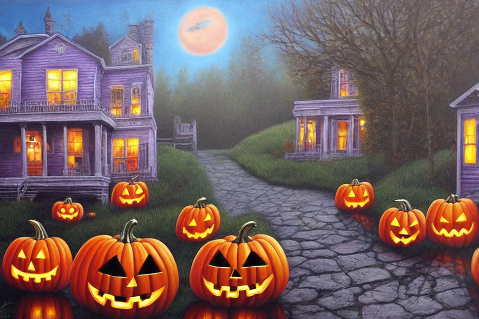 Halloween scene with jack-o'-lanterns, haunted house, full moon, and flying witch