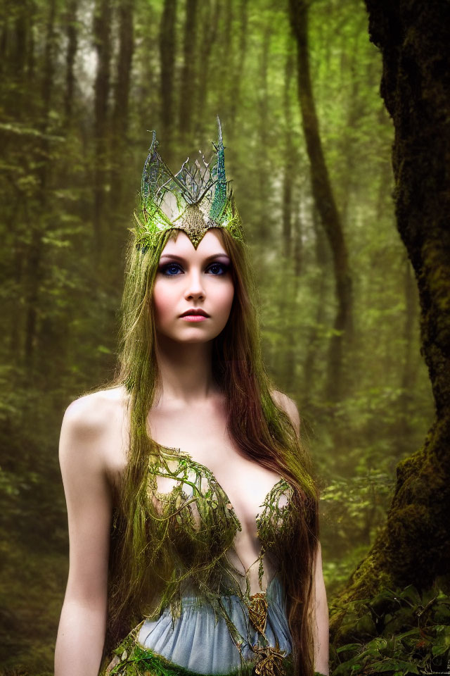 Woman in forest with branch and moss crown, wearing green outfit