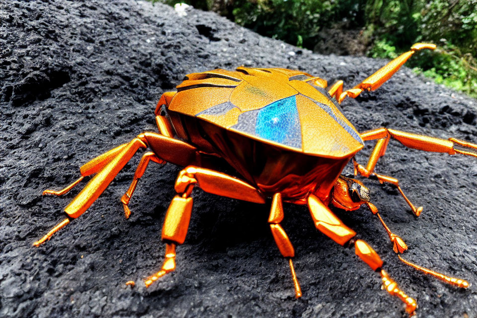 Metallic Orange Beetle-Shaped Robot on Black Rocky Surface