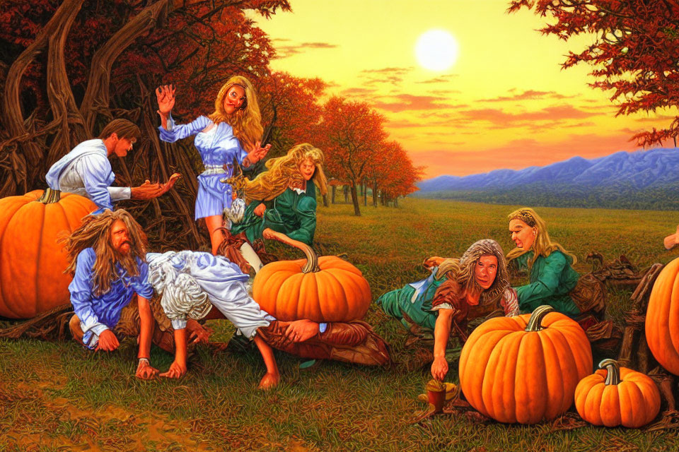 Historical clothing figures on giant pumpkins in autumn field at sunset