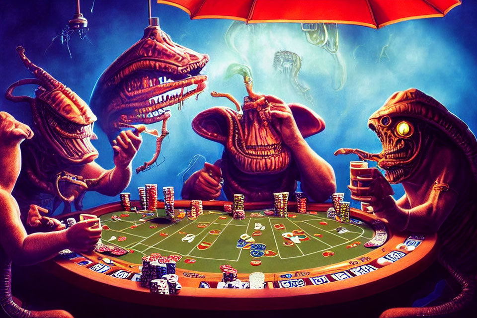 Vibrant illustration of alien creatures playing poker with unique head shapes