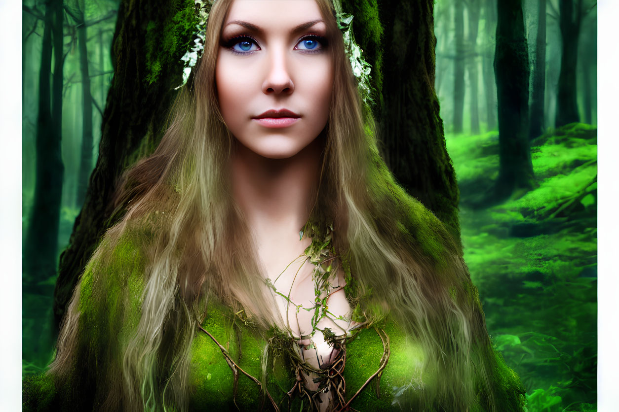 Portrait of woman with blue eyes in forest-themed attire, set in lush woodland.
