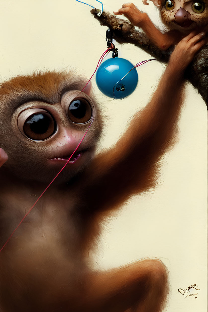 Curious cartoon monkey with blue balloon and human hand reaching out