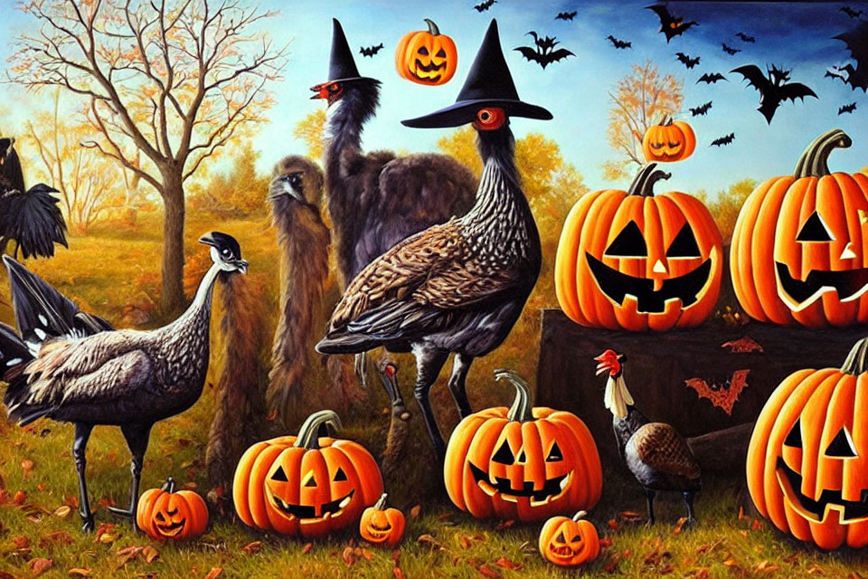 Emus in Witch Hats with Pumpkins and Bats in Autumn Scene