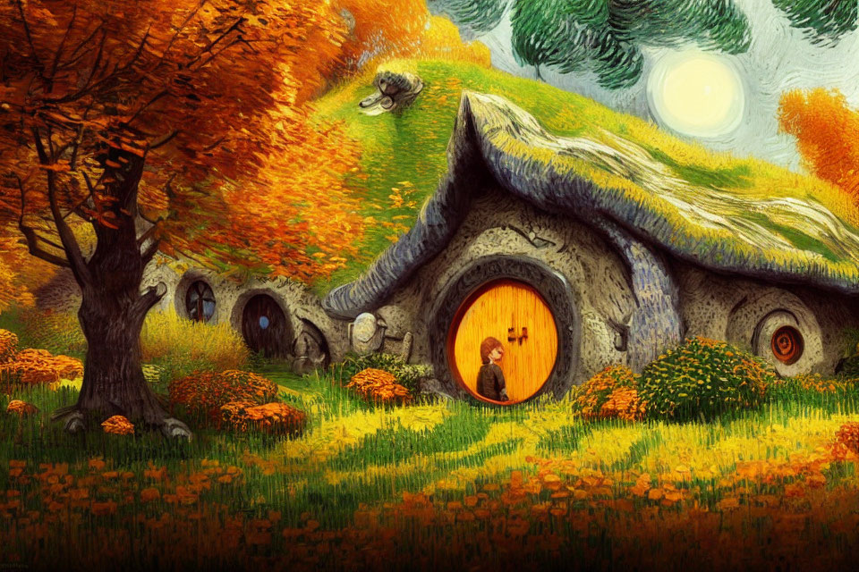 Illustration of person at round-door hobbit-style house in autumn landscape