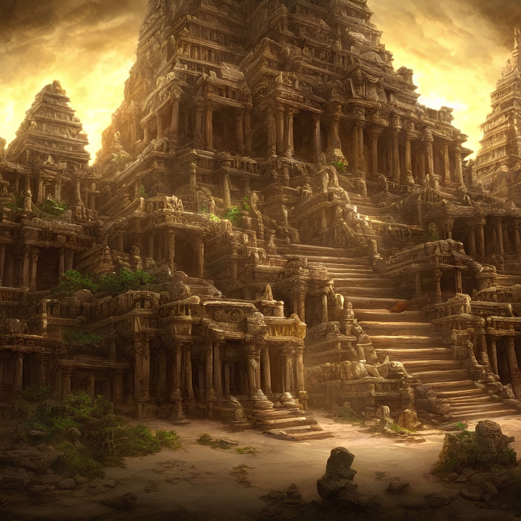 Ancient Temple with Intricate Carvings and Warm Light