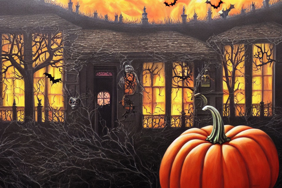 Eerie Halloween-themed painting: large pumpkin, spooky house, night sky
