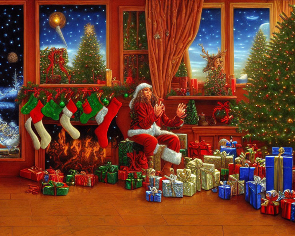 Festive Santa Claus by Fireplace with Gifts and Christmas Tree