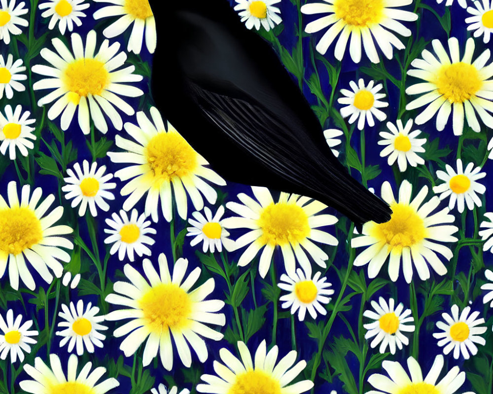 Black Bird with Yellow Eye Among White Daisies on Dark Blue Background