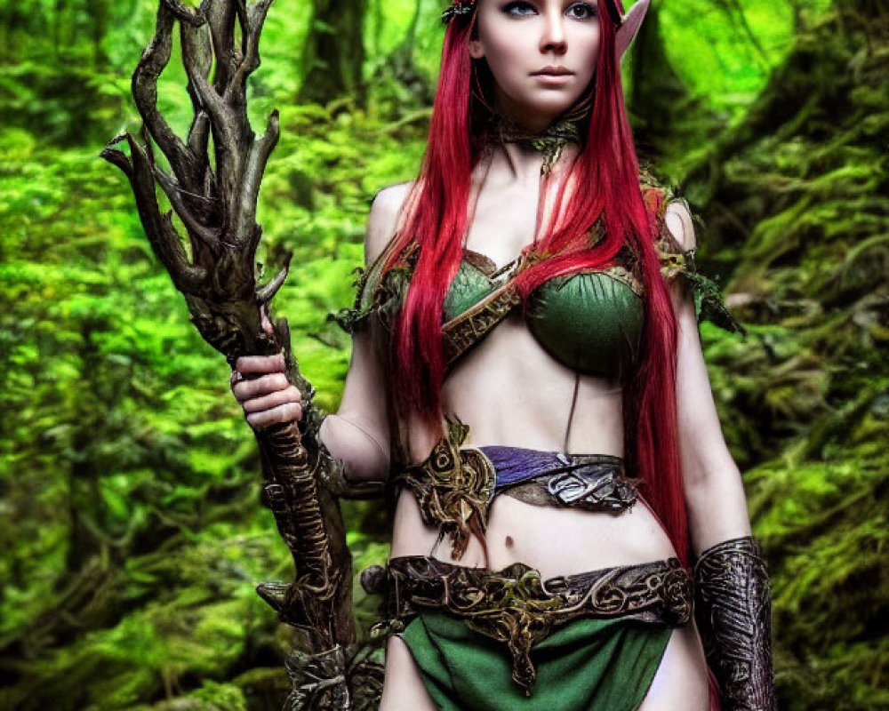 Red-haired elf woman in green attire with wooden staff in lush forest